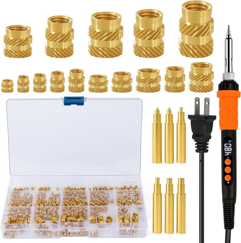 BILIPLE 90W Soldering Iron Heat Set Insert Tool, LED Digital Solder Iron Adjustable Temperature(180°C-480°C) with 250Pcs Threaded Inserts Brass Nuts, 6Pcs Heat Set Insert Tips for 3D Printing Projects - Image 1